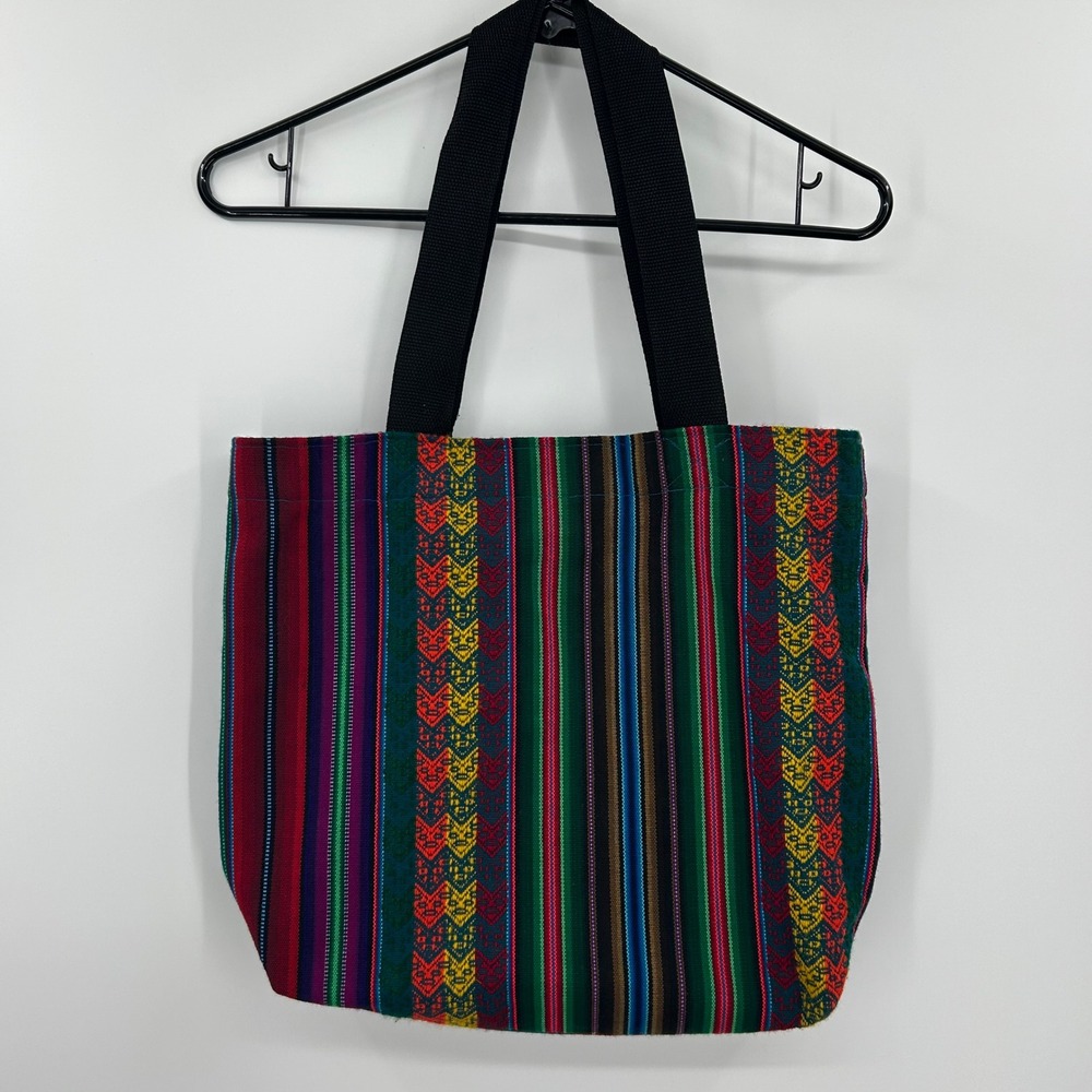 Craft Ina Peru Striped Woven Canvas Tote‎ Bag Teal Multi Color Boho Shoulder Bag